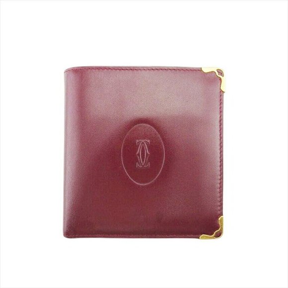 Cartier Bi -fold Wallet Bordeaux x Leather x Gold Material Authentic USED - Picture 1 of 11